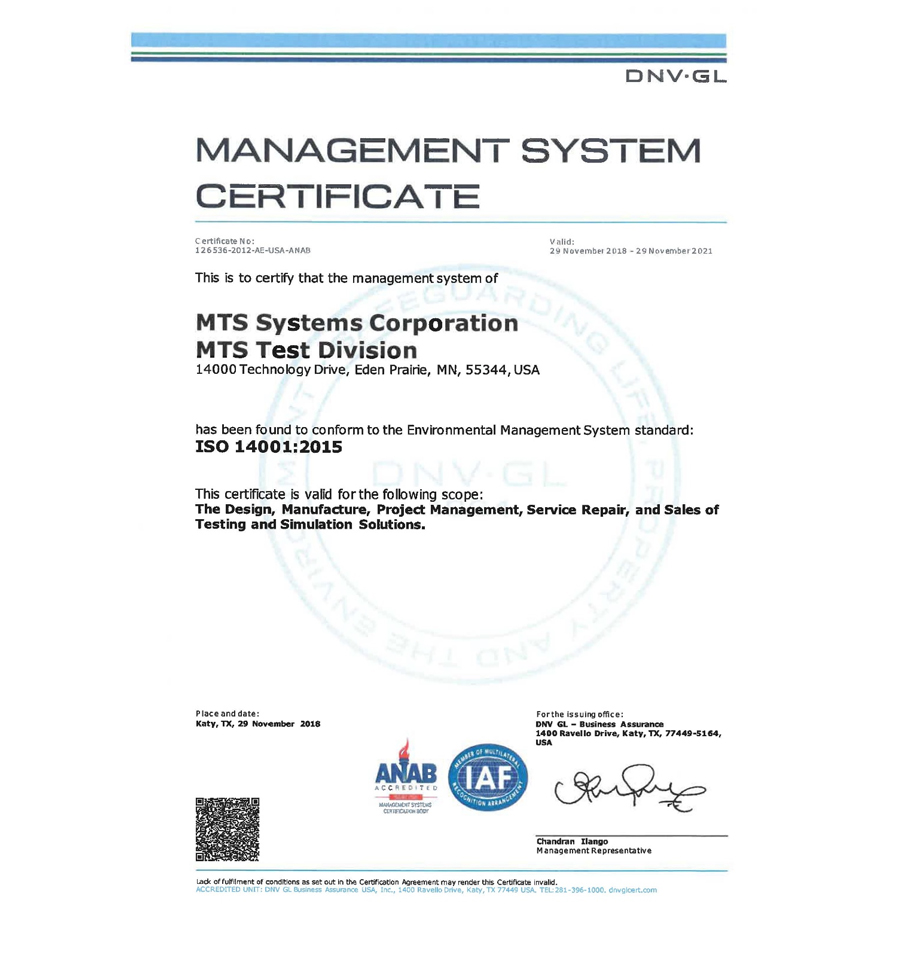 ISO 14001：2015环保体系认证证书